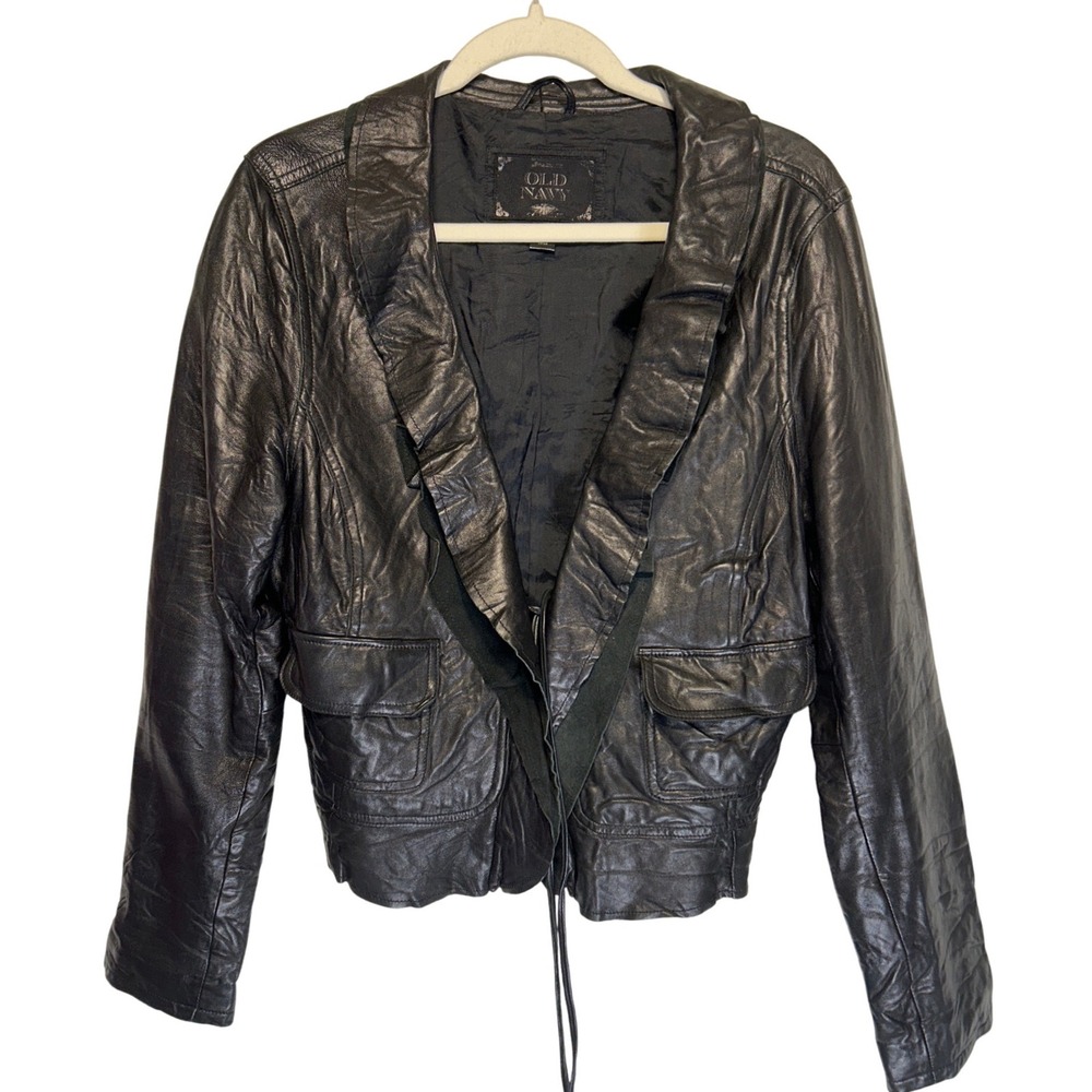 VTG Old Navy Layered Ruffle Collar Tie Front Soft Leather Jacket Women's Size XL
